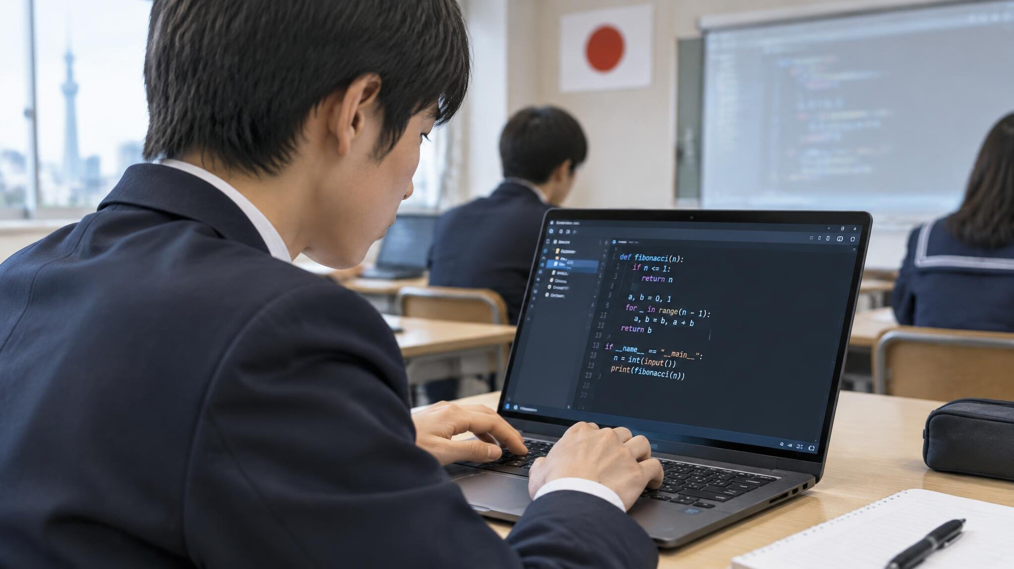 japanese student coding on laptop