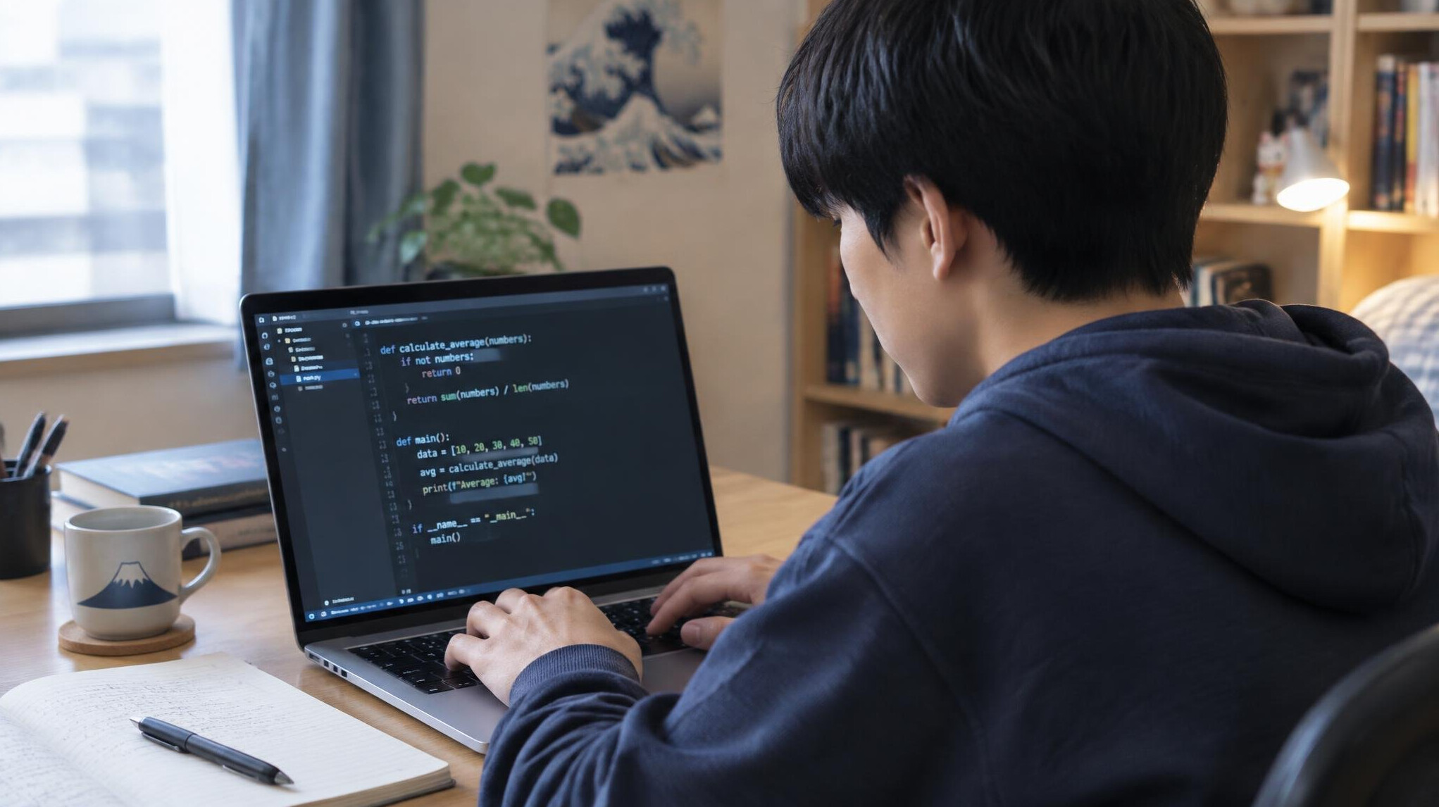 japanese student coding on laptop