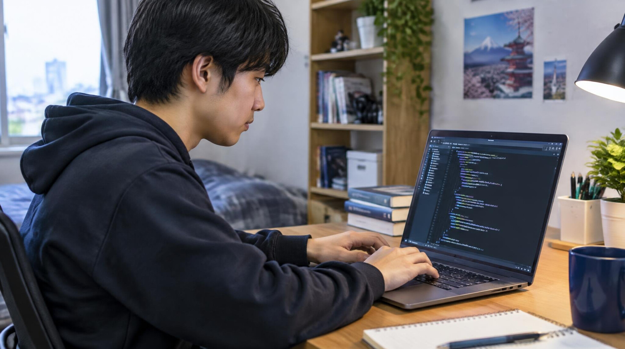 japanese student coding on laptop